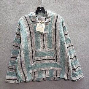 VINTAGE Baja Joe Men Sweater M Blue Hooded Mexican Baja Pockets‎ Long Sleeve